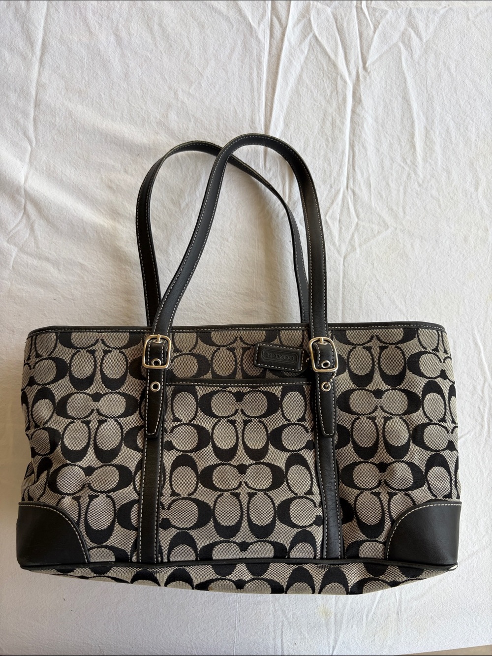 Coach Black and Khaki Signature Canvas Tote